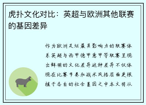 虎扑文化对比：英超与欧洲其他联赛的基因差异