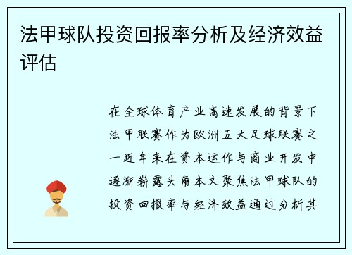 法甲球队投资回报率分析及经济效益评估